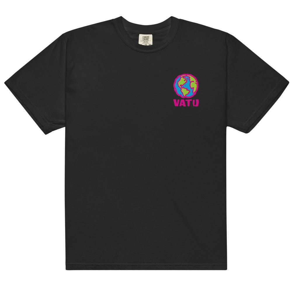 Black t-shirt with a vibrant neon globe and 'VATU' text on the left chest. Small white brand label on the collar.