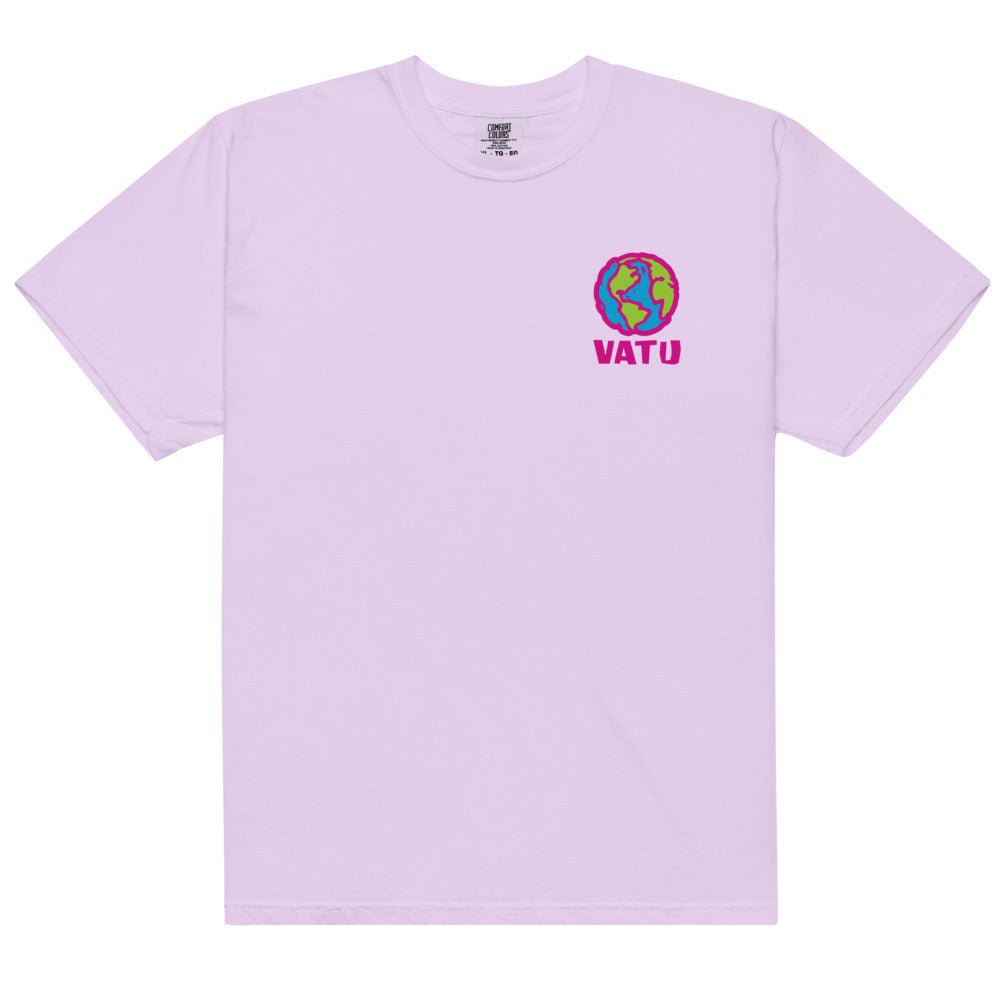 A lilac short-sleeve t-shirt features a stylized blue and green globe outlined in pink, with pink "VATU" text on the chest.