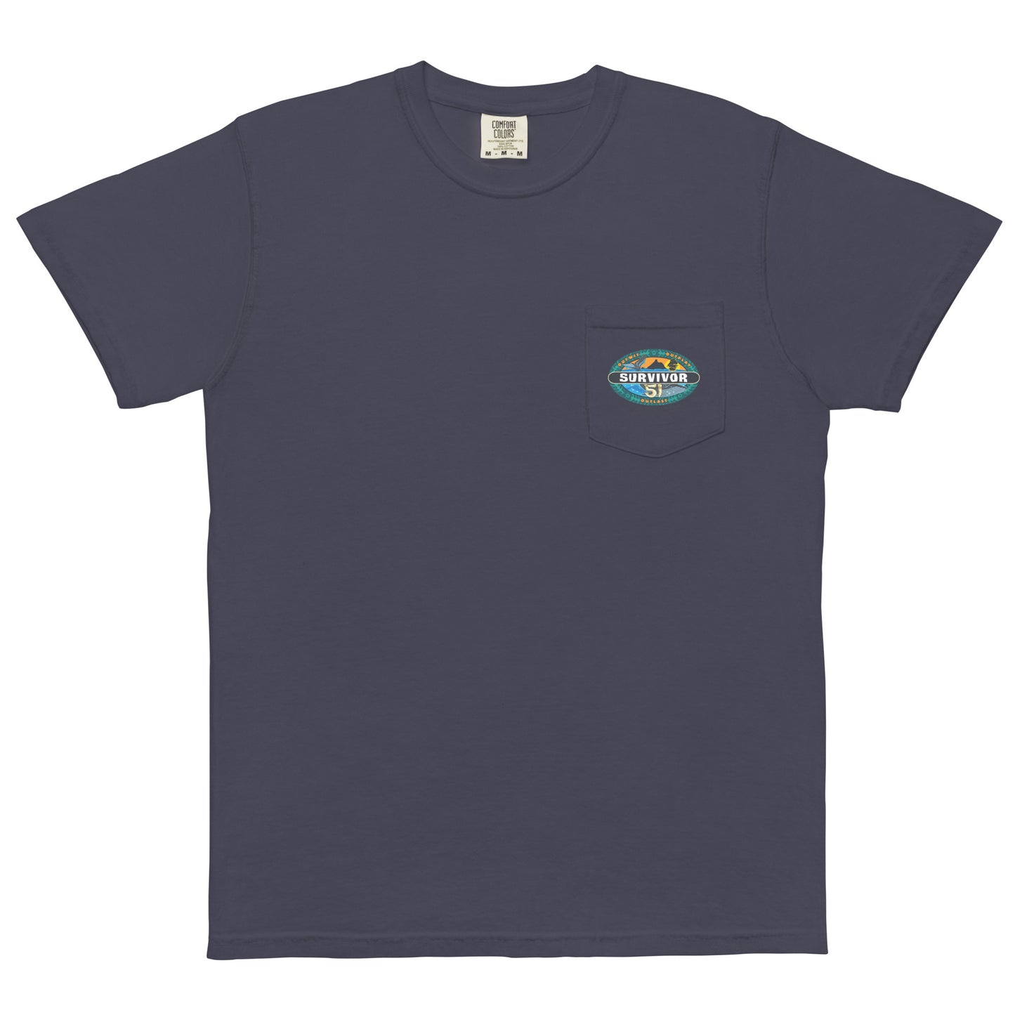Front view of the True Navy Survivor Season 51 Logo Pocket T-Shirt showing the season logo and chest pocket.