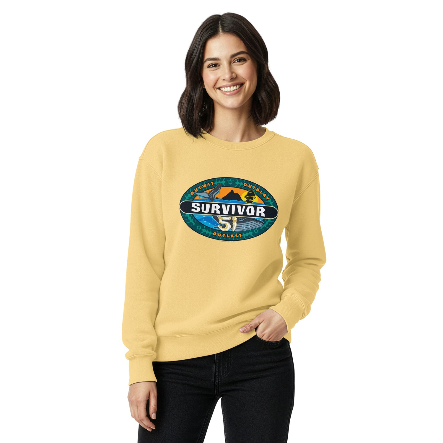 Flat lay of the Survivor Season 51 Logo Crewneck in True Navy highlighting the soft ring-spun cotton texture.