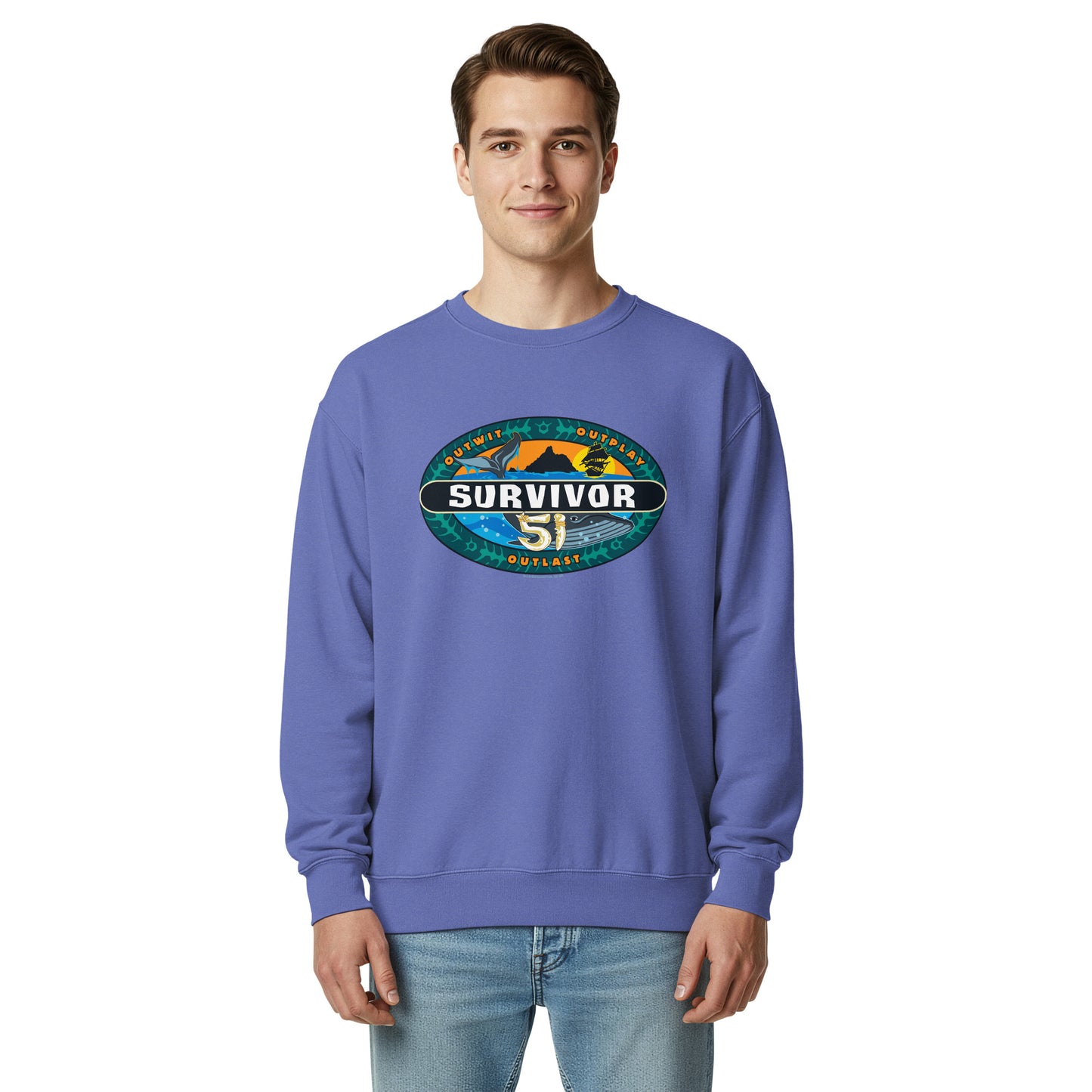 Side view of the unisex Survivor Season 51 sweatshirt showing the ribbed cuffs and hem.
