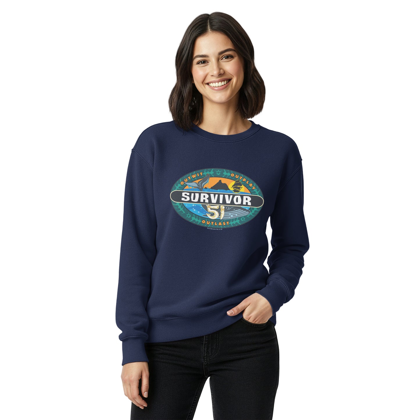 Front view of the Flo Blue Survivor Season 51 Crewneck Sweatshirt with vintage wash finish.