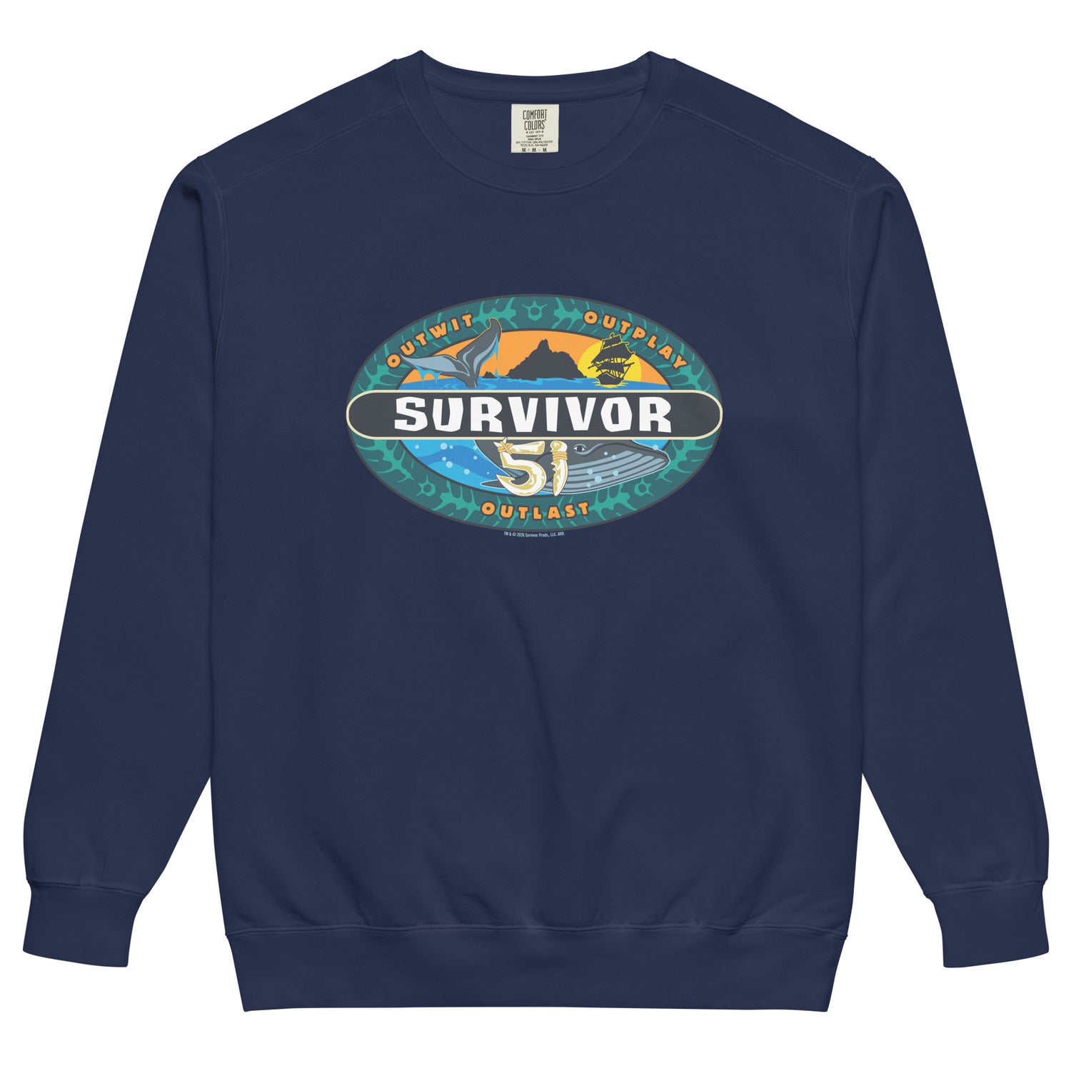 Front view of the True Navy Survivor Season 51 Logo Crewneck Sweatshirt showing the official tribal logo graphic.