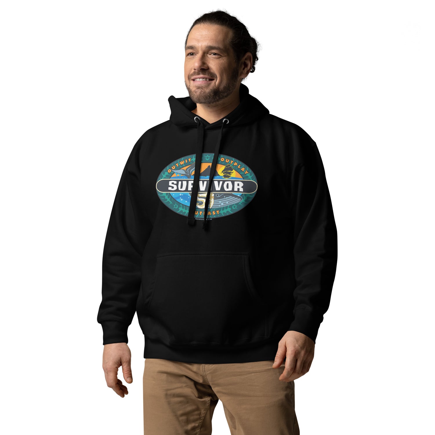 Team Gold Survivor Season 51 Logo Hoodie showing the front pouch pocket and hooded design.