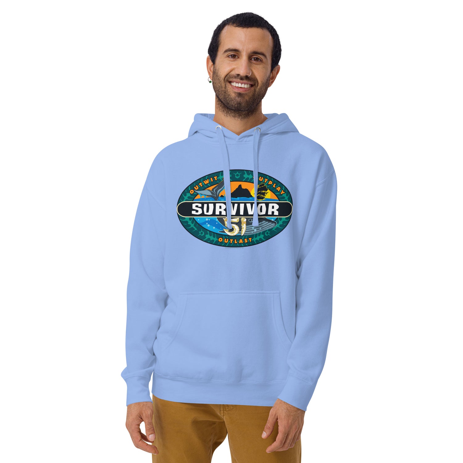 Model wearing the Team Gold Survivor Season 51 sweatshirt with the hood up.