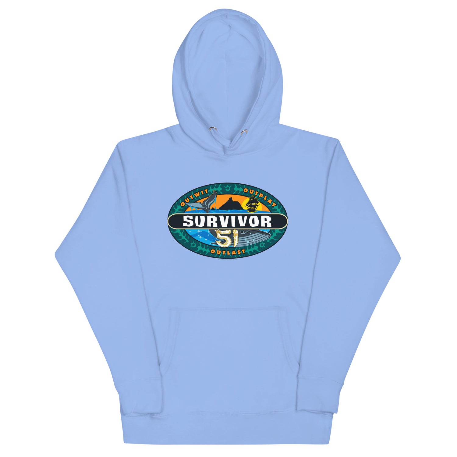 Side view of the unisex Survivor Season 51 pullover showing the sleeve and hood construction.