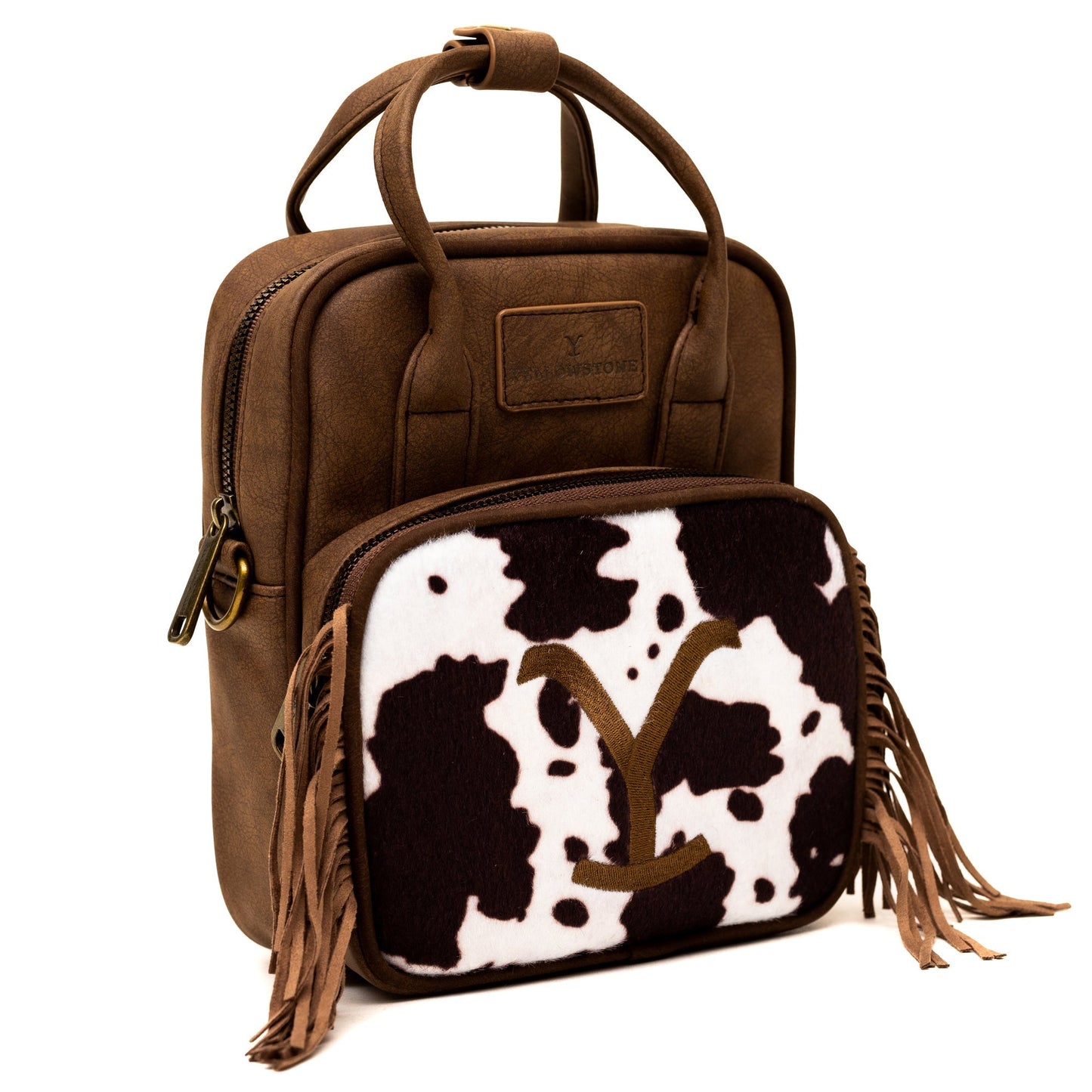 Brown vegan leather bag with Dutton Ranch Y brand logo