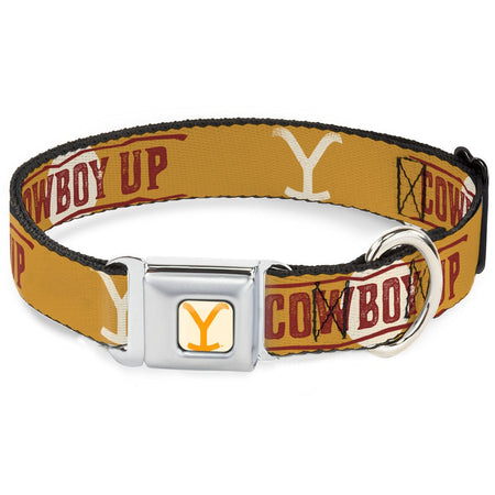 Yellowstone Dog Collar Y Logo Weathered Cowboy Up Seatbelt Buckle White Yellow Red - Paramount Shop