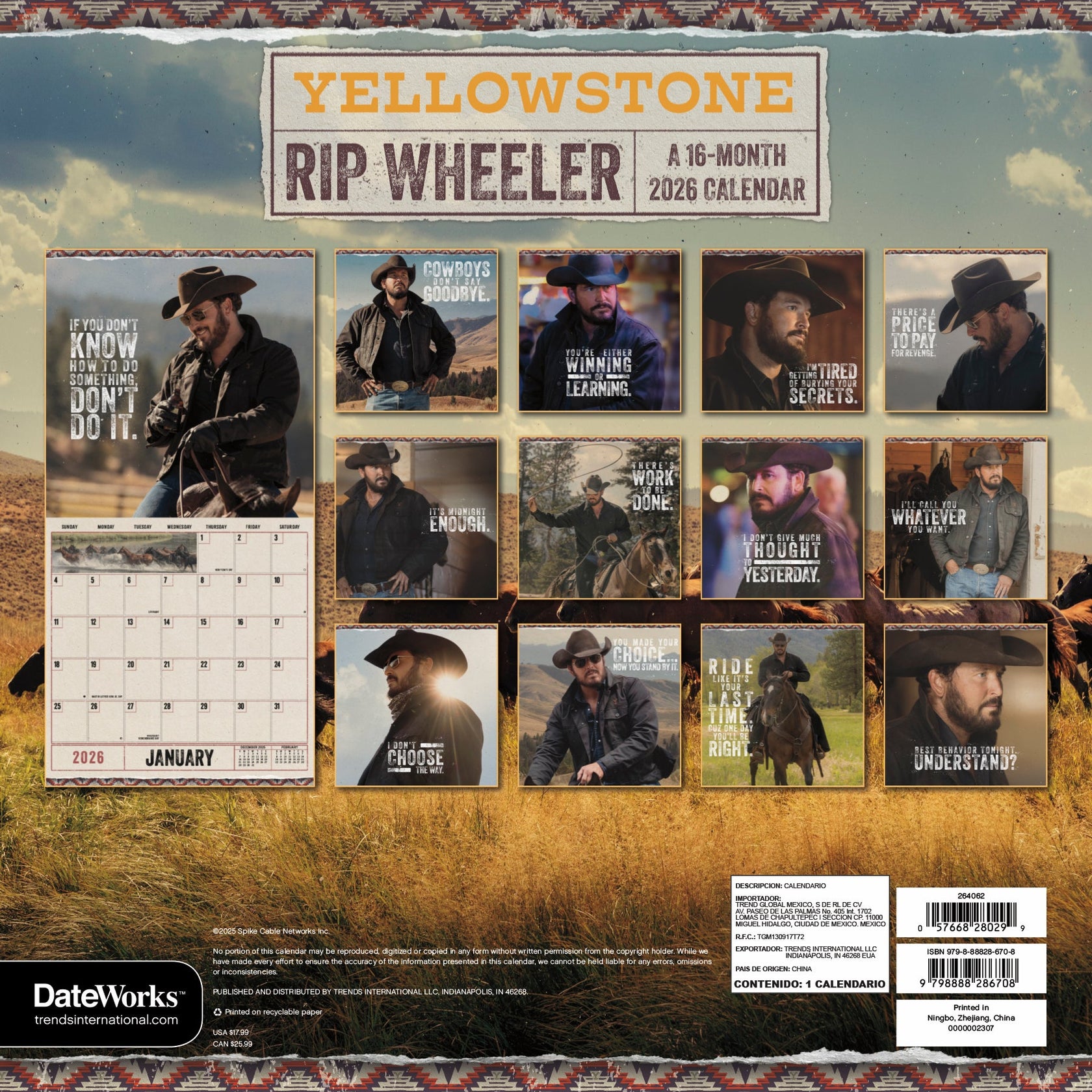 Yellowstone: Rip Wheeler 2026 Wall Calendar - Paramount Shop