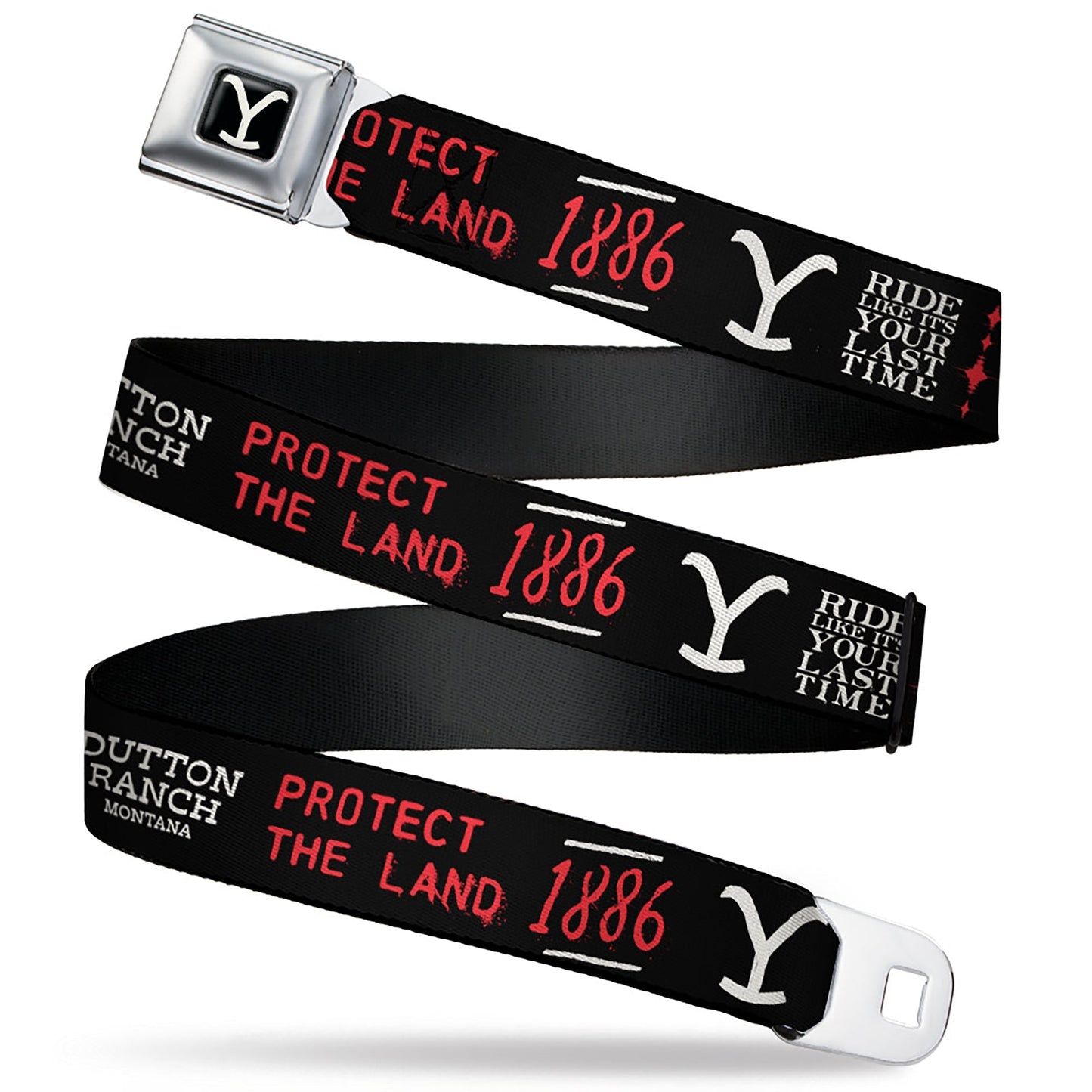 Yellowstone seatbelt belt with Dutton Ranch Y logo on black strap.