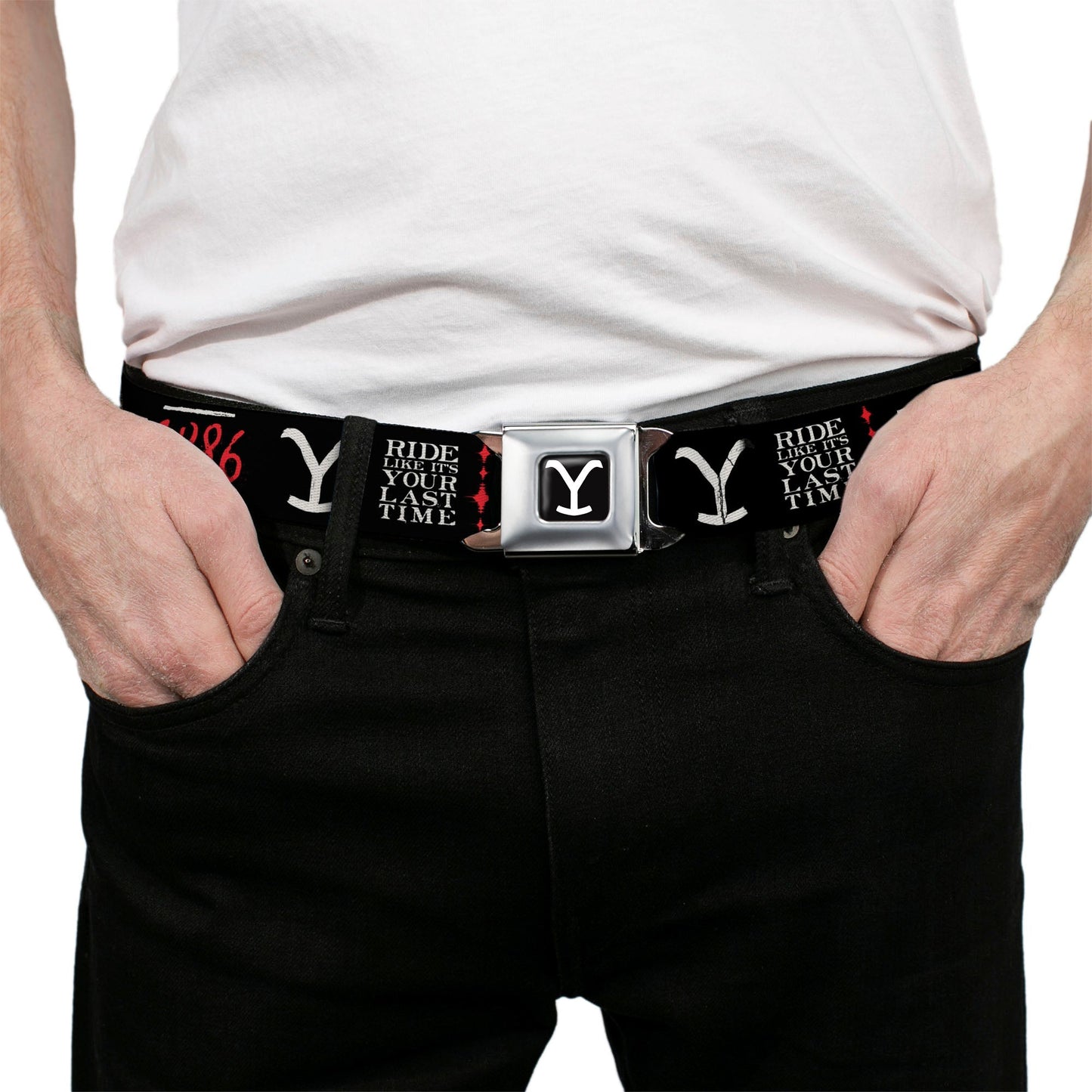 Detailed view of the adjustable nylon webbing with red and white icons.