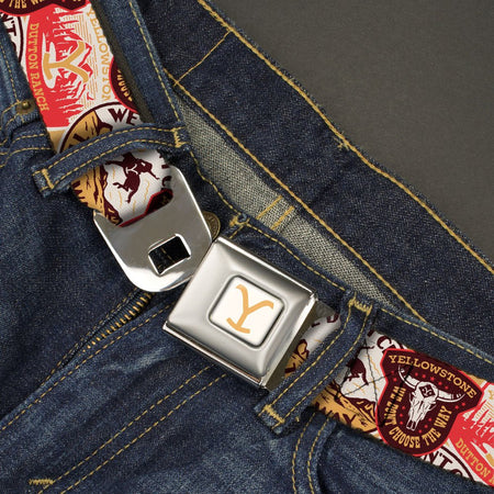 Yellowstone Seatbelt Belt Y Logo White Yellow Stacked Patches Webbing - Paramount Shop